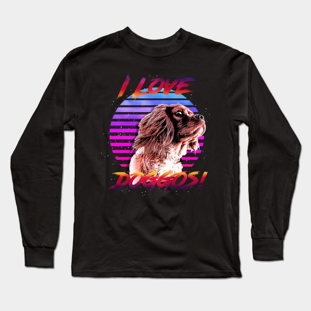 I Love Doggos (Spaniel) Retrowave Outrunner Long Sleeve T-Shirt by StupidHead